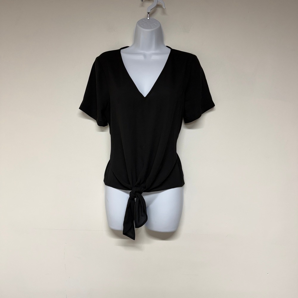 Madewell Womens Size S Black Tie Front V-Neck Short Sleeve Blouse Top